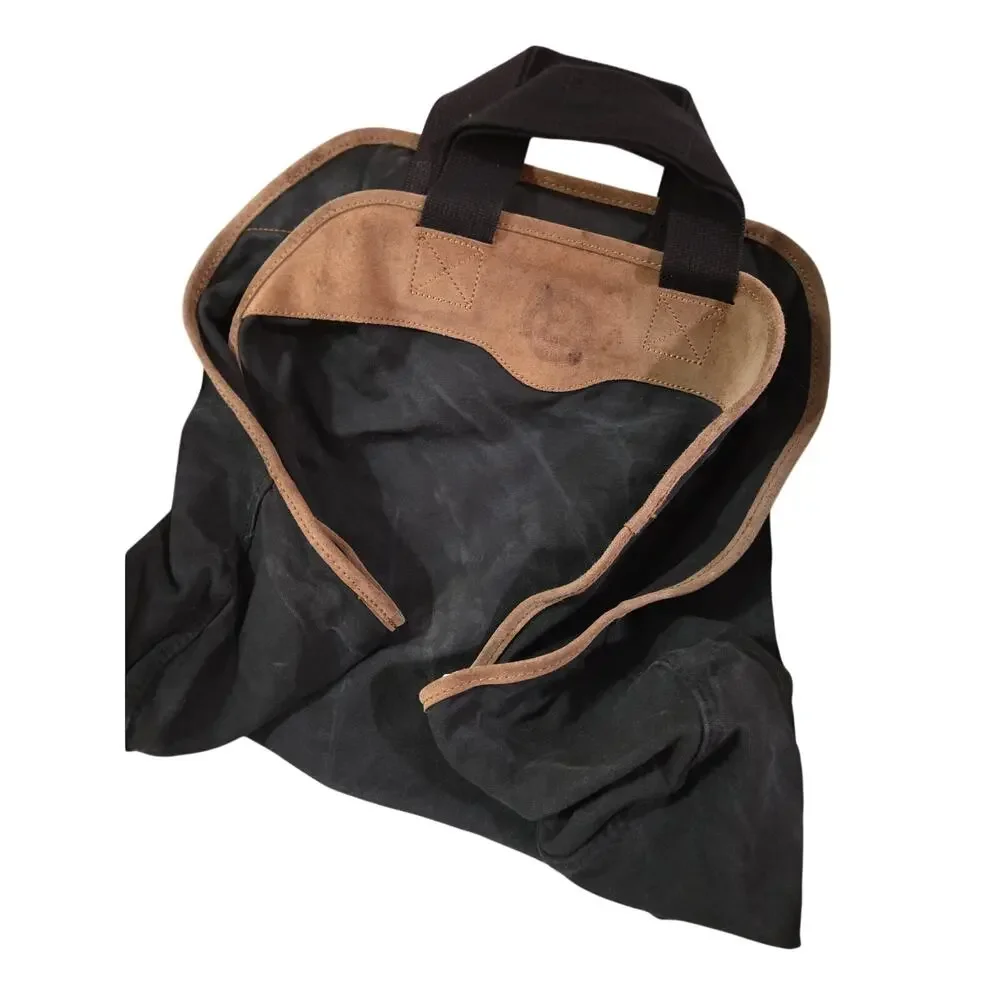 Vtg Eddie Bauer Firewood Carrier Log Holder Wood Tote Brown Leather Black